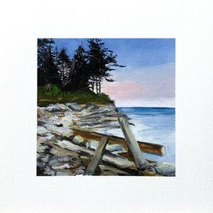 8x8 PNW Original Oil Painting Seascape Pacific Landscape Sunset Driftwood Signed